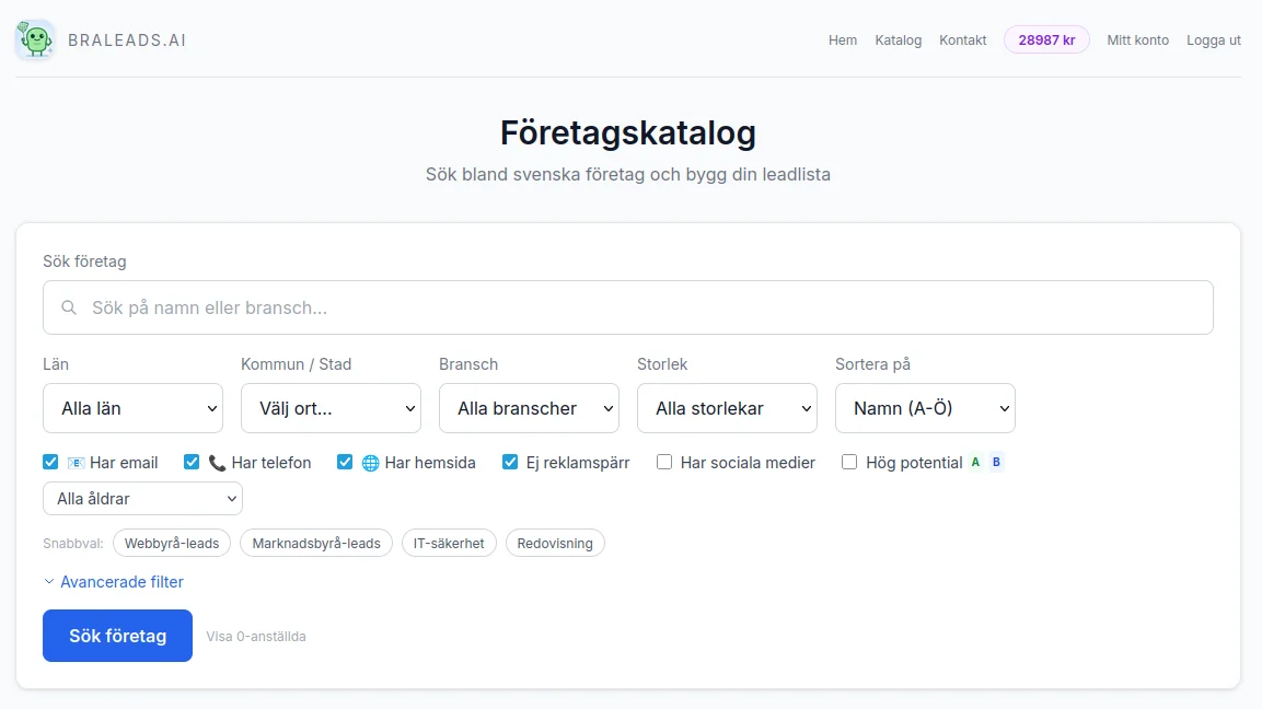 BraLeads företagskatalog med filter